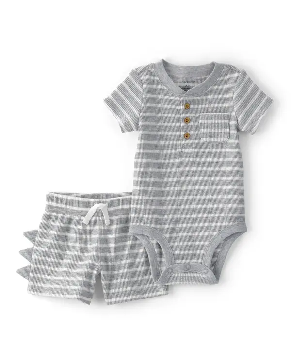 Kids Baby Boy 2-Piece Dino Spikes Waffle-Knit Short-Sleeve Bodysuit & Short Set - Grey