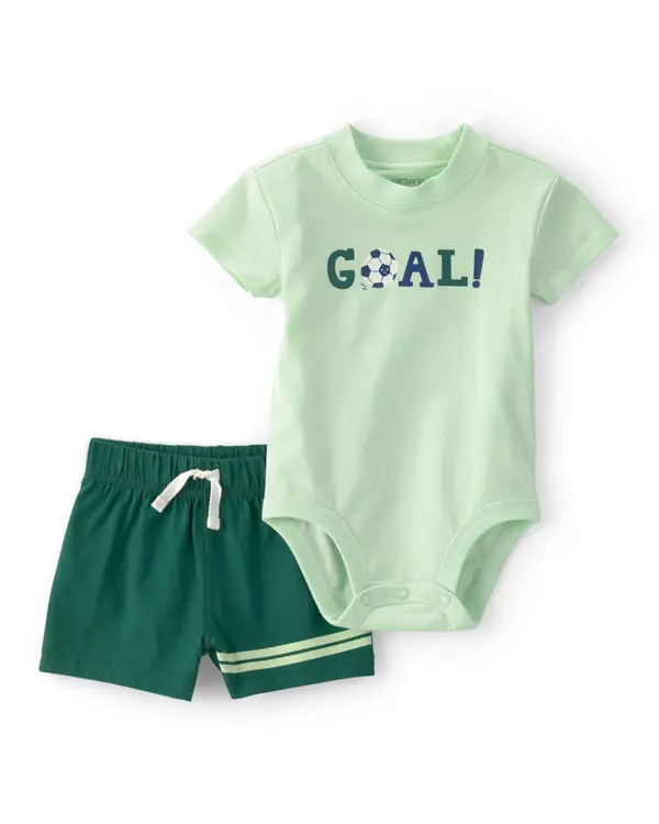 Kids Baby Boy 2-Piece Soccer Goal Short-Sleeve Bodysuit & Short Set - Green