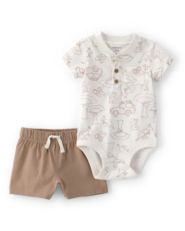 Kids Baby Boy 2-Piece Safari Short-Sleeve Bodysuit & Short Set - Brown&White
