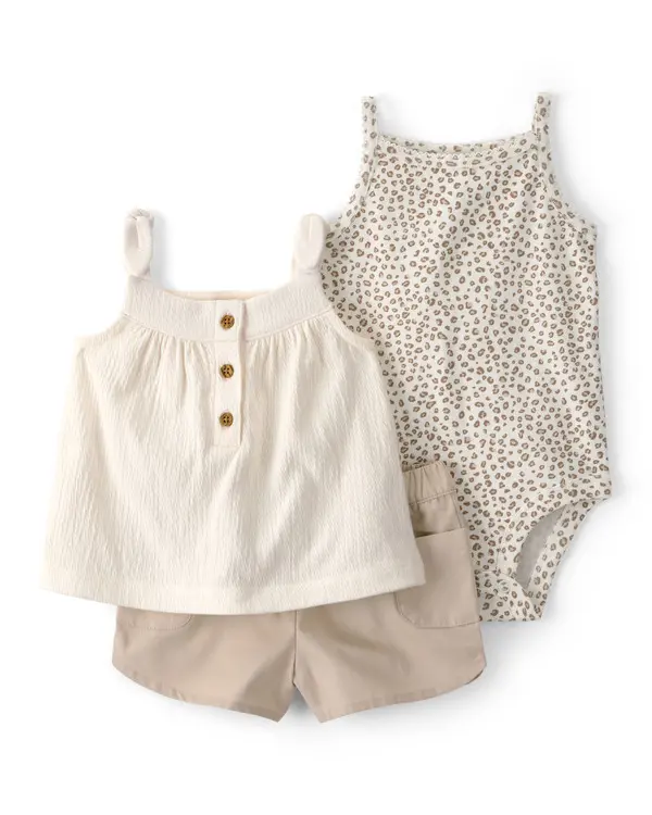 Kids Baby Girl 3-Piece Cheetah Top, Bodysuit & Short Set - Khaki&Ivory
