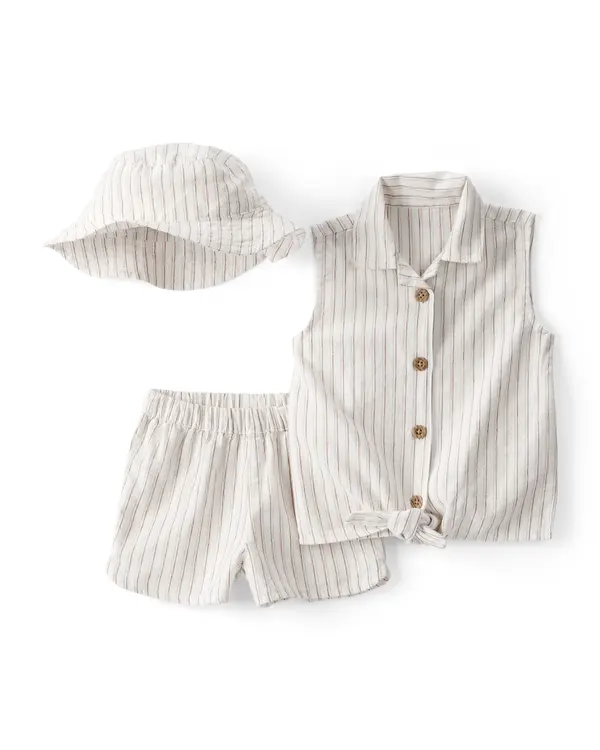 Kids Baby Girl 3-Piece Striped Sleeveless Top & Short Set - Tan&Ivory