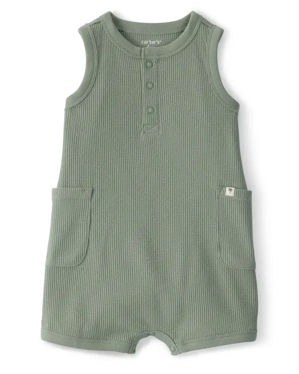 Kids Baby Boy Waffle-Knit Sleeveless Romper - Green