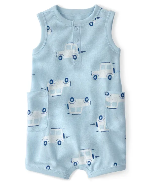 Kids Baby Boy Car Waffle-Knit Sleeveless Romper - Blue