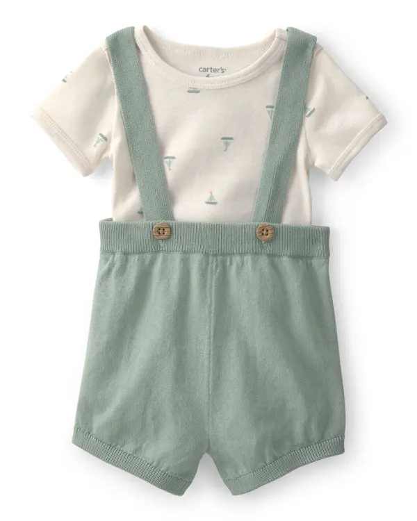 Kids Baby Boy 2-Piece Sailboat Overall Set - Green&Ivory