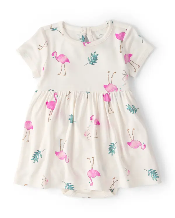 Kids Baby Girl Flamingo PurelySoft Short-Sleeve Bodysuit Dress - Ivory