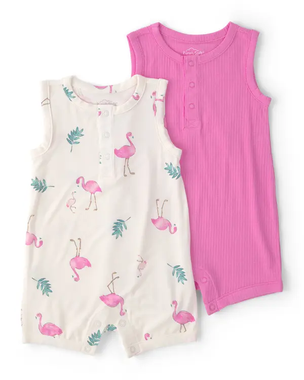 Kids Baby Girl 2-Pack Flamingo PurelySoft Sleeveless Romper Set - Pink&Ivory