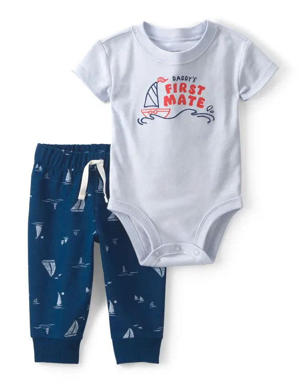 Kids Baby Boy 2-Piece 'Daddy's First Mate' Boat Bodysuit & Pant Set - Blue