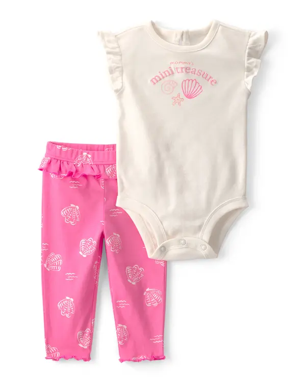 Kids Baby Girl 2-Piece 'Mommy's Mini Treasure' Shell Bodysuit & Pant Set - Pink&Ivory