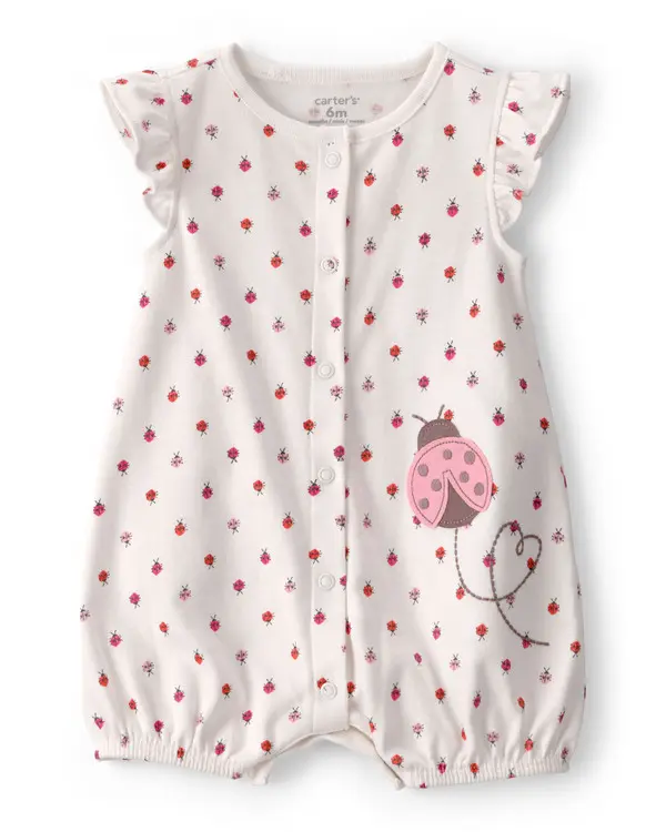 Kids Baby Girl Ladybug Flutter Sleeve Romper - Ivory