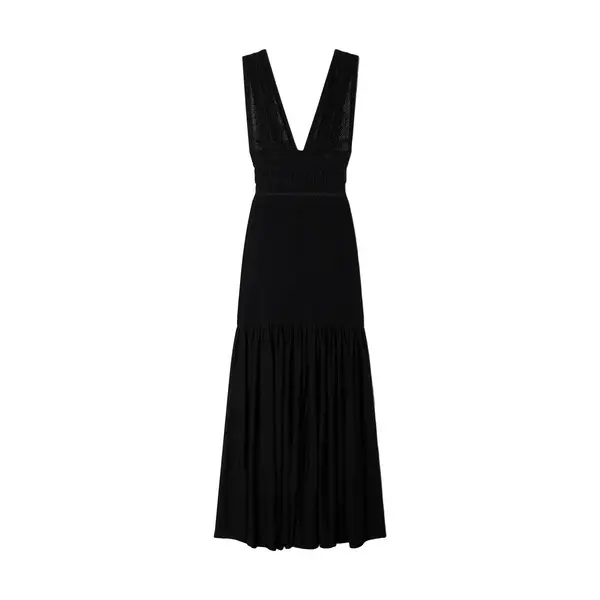 Flared Ruffled Knit V-neck Maxi Dress