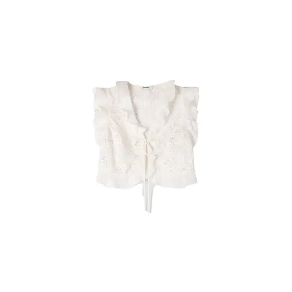 Floral Guipure Lace Crop Top with Ruffled V-neck