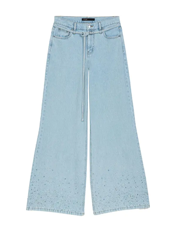 Wide-Leg High Wasited Rhinestone Jeans Image