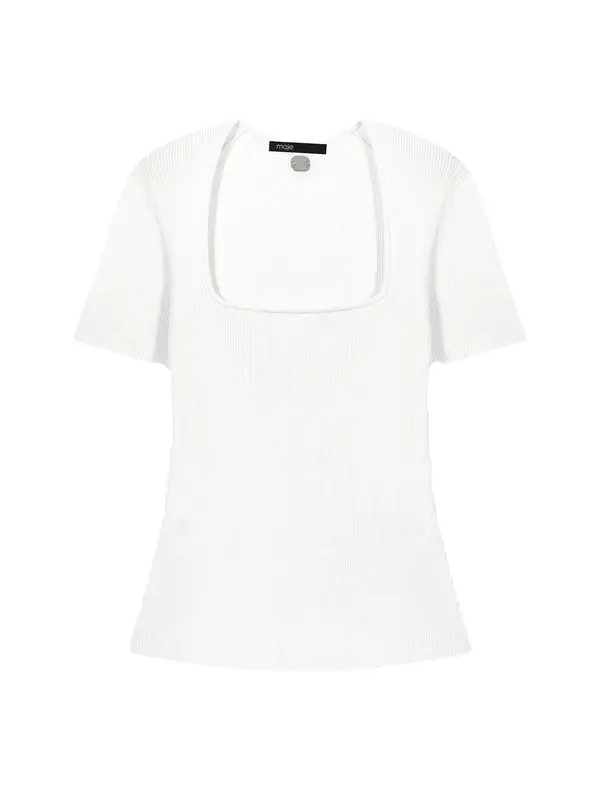 Square-Neck Ribbed Knit Short Sleeve Top Image
