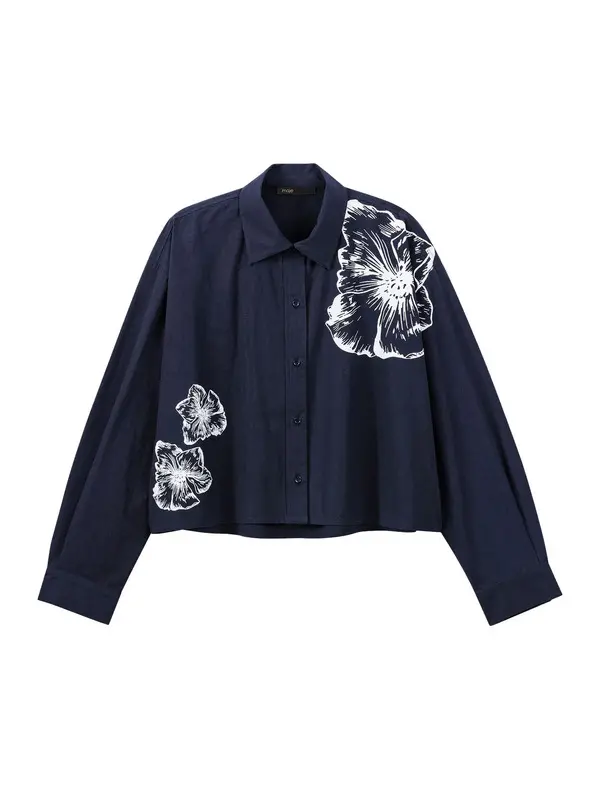 Cropped Cotton Long Sleeves Shirt with Floral Motif Image