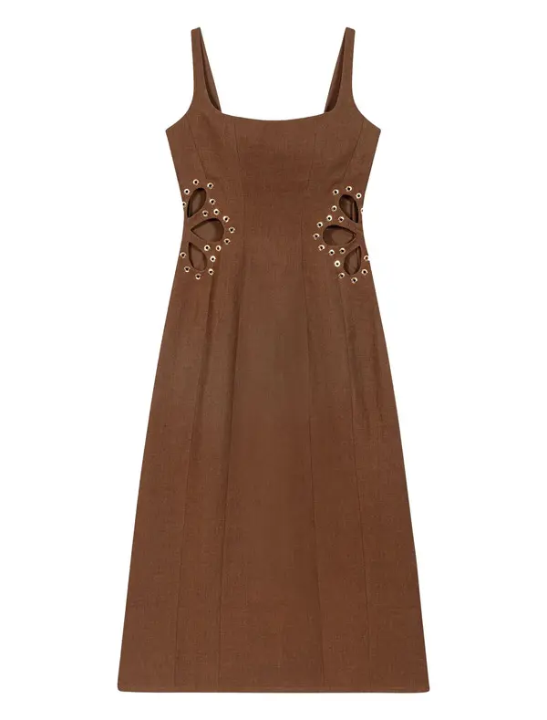 Linen Blend Midi Dress with Floral Cut-outs Image