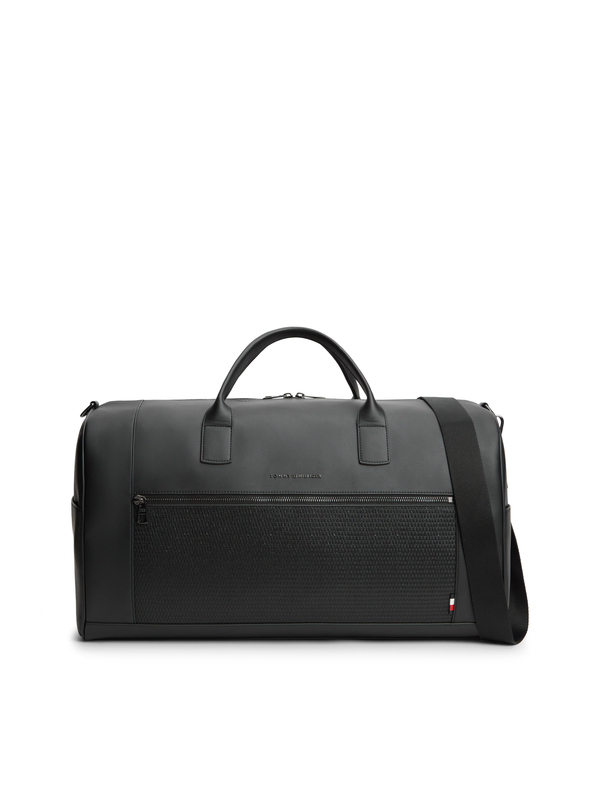 Sleek Leather Duffle Bag with Woven Pocket