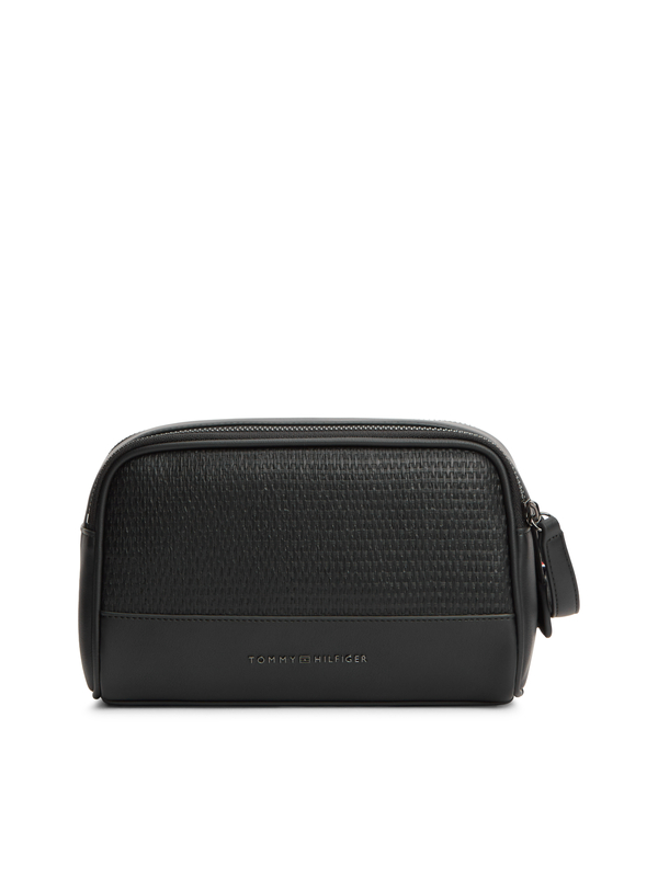Pebbled Leather Washbag with Metal Logo & Woven Details