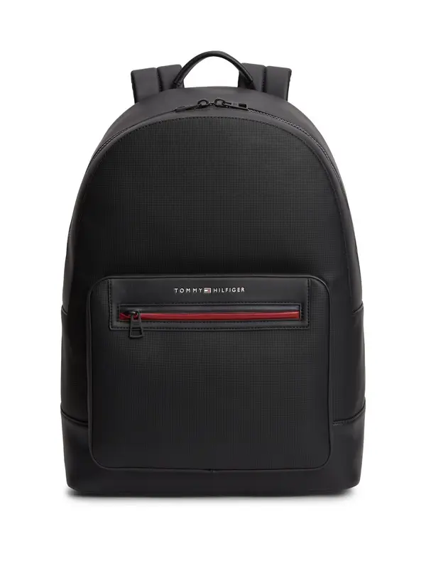 Textured Leather Backpack with Metal Logo & Zipped Pocket