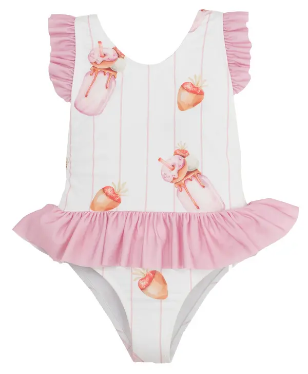 Kids Pink Bow Saona and Heart Print Ruffle One Piece Swimsuit Image