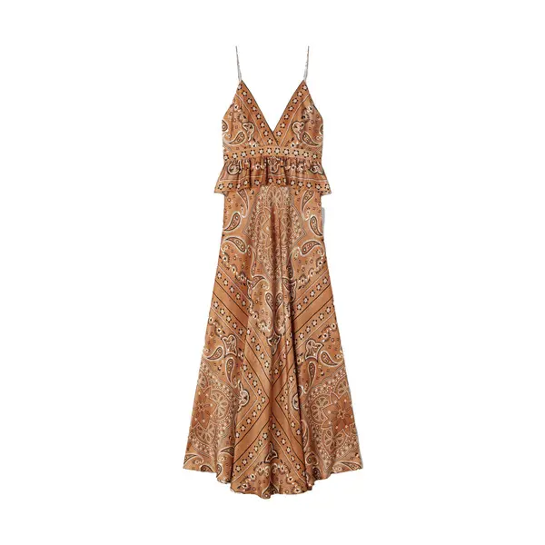 Satin Effect Bandana-Print Maxi Dress with Spaghetti Straps