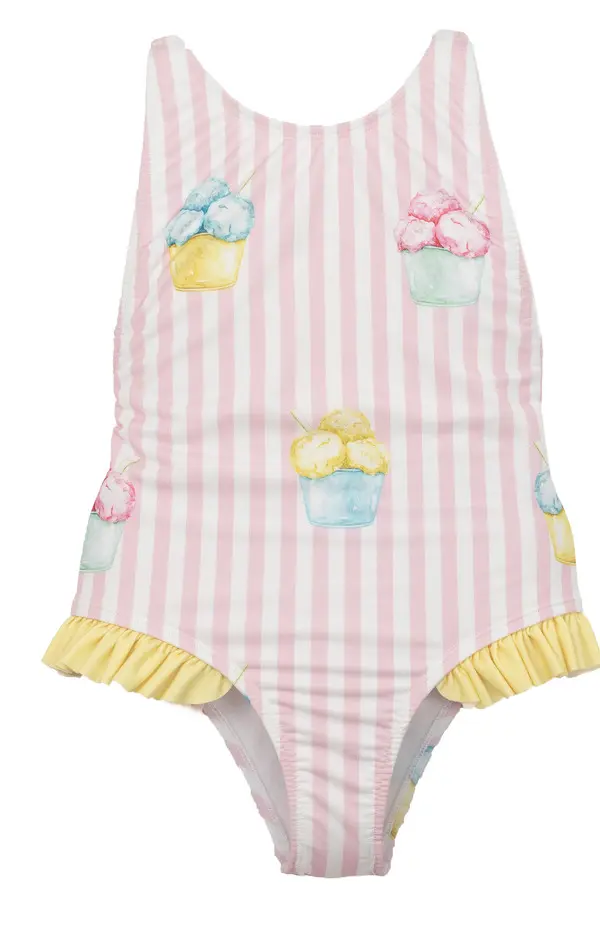 Kids Striped Ice Cream Print Swimsuit With Yellow Ruffle Trim Image