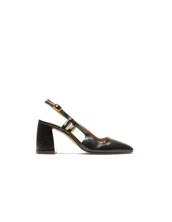 Wrinkled Leather Pointed-Toe Slingback Block Heels Pump