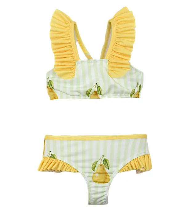 Kids Printed Bikini With Striped Ruffle Shoulders Image