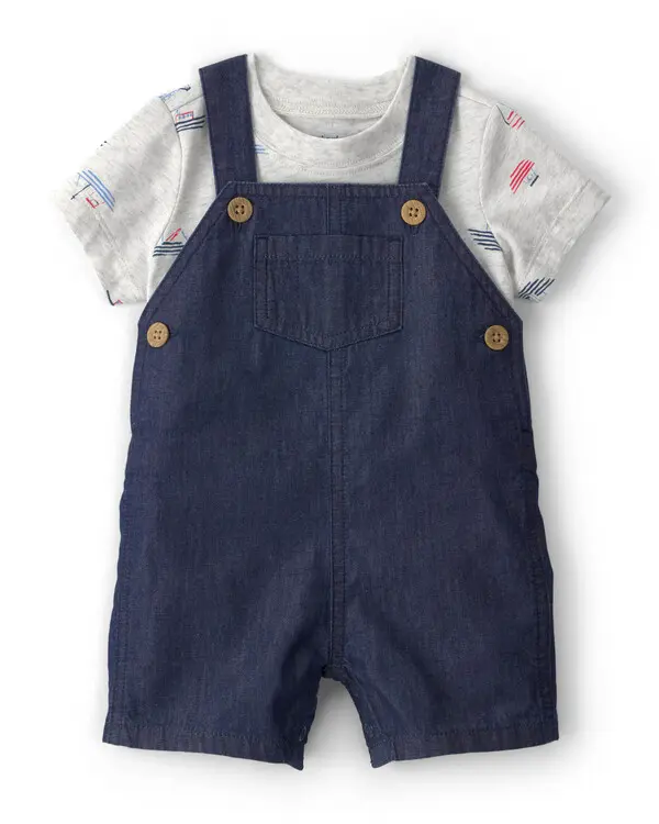 Baby Boy 2-Piece Boat Romper Set - Blue/Grey Image