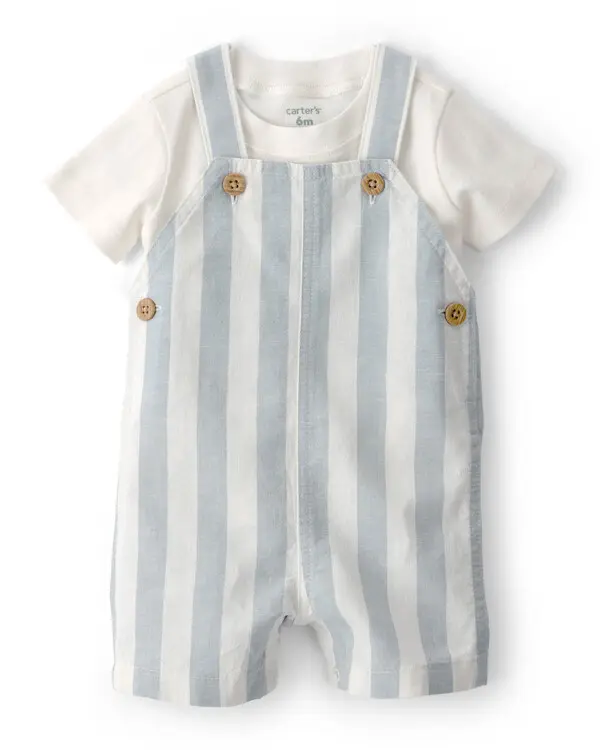 Baby Boy 2-Piece Stripe Romper Set - Blue/Ivory Image
