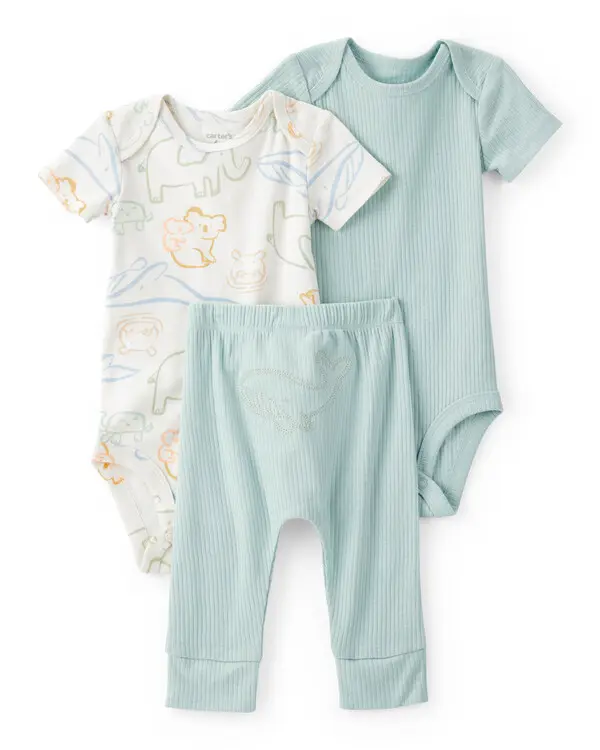 Baby Boy 3-Piece Animal Bodysuits & Pant Set - Blue/White Image