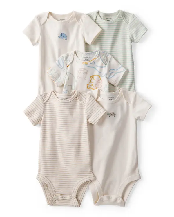 Baby Boy 5-Pack Animals Multipack Bodysuits - Ivory/Tan
