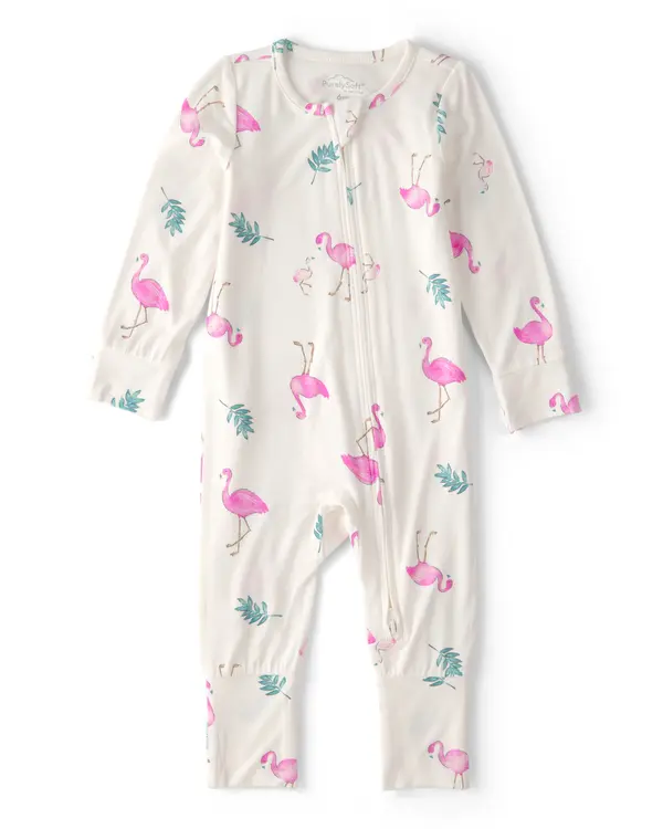 Baby Girl Flamingo PurelySoft 2-Way Zip Snug Fit Sleep & Play Pajamas - Ivory Image