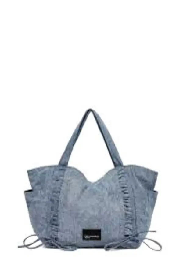 Ruffled Denim Large Tote Bag