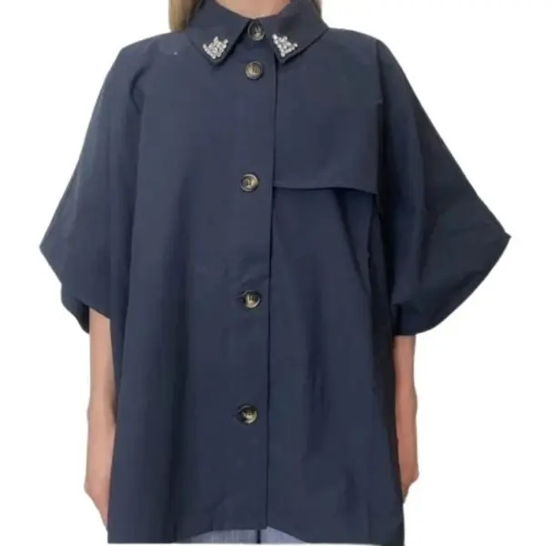 Trench-Style Cotton Poncho With Bejewelled Embellishments