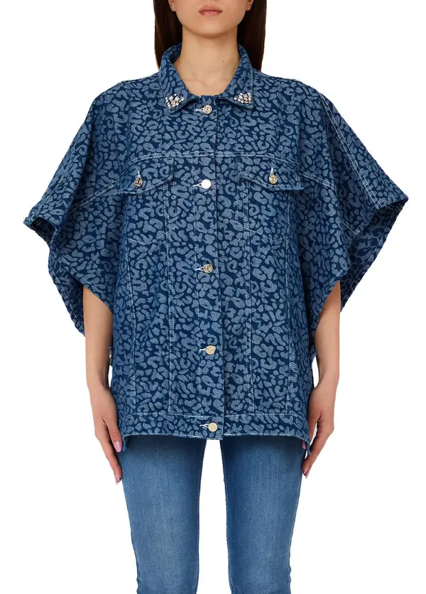 Oversized Animal-Print Denim Poncho