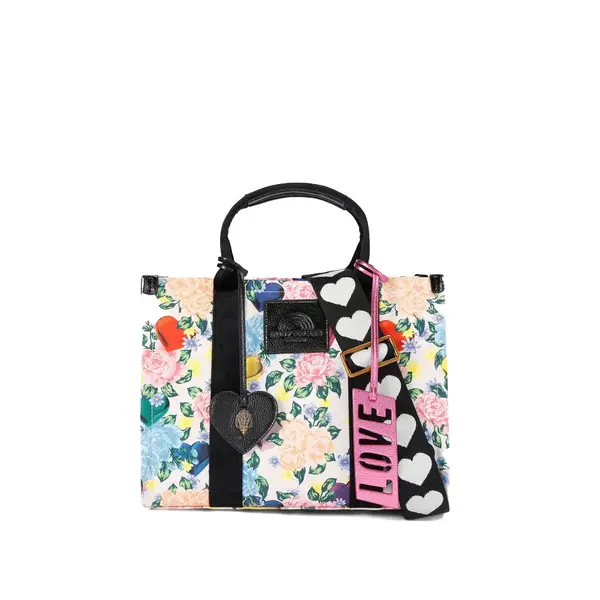 Floral Print Small Canva Tote Bag with Heart-Patterned Strap and "LOVE" Bag Charm