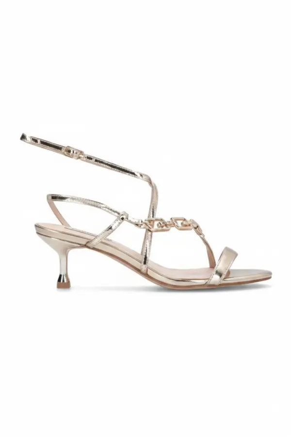 Metallic Kitten Heeled Sandals with Chain Link Detail