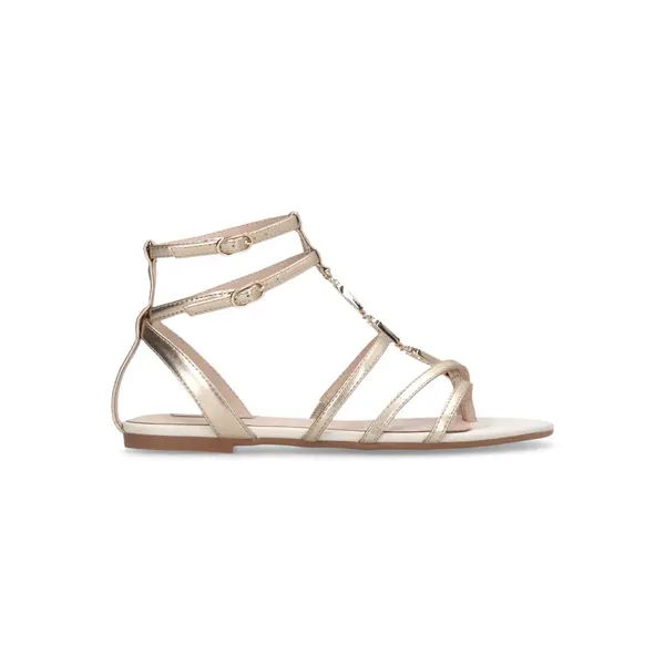Metallic Gold Strappy Gladiator Sandals with Logo Chain Detail
