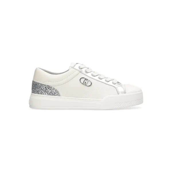Leather Low-Top Sneakers with Silver Glitter Insert and Perforated Logo Image