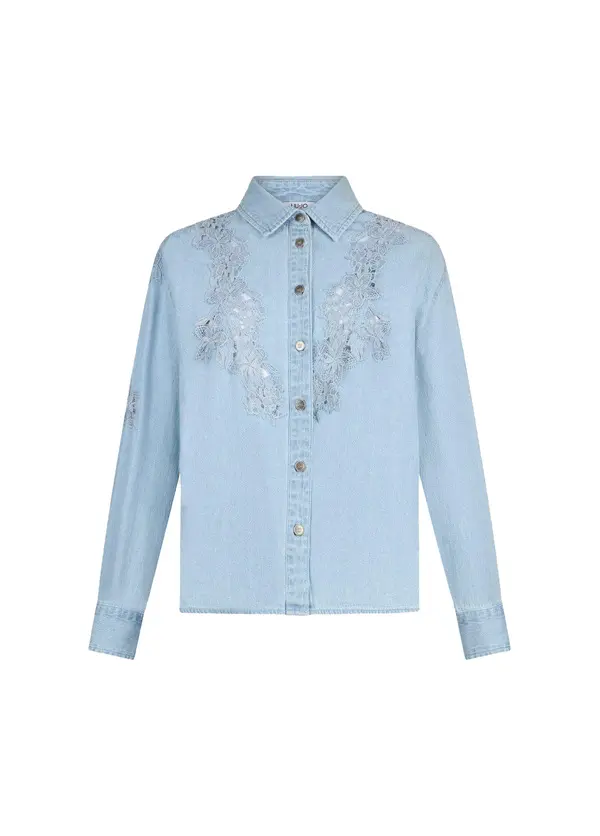 Light Wash Denim Shirt With Floral Lace Appliqué