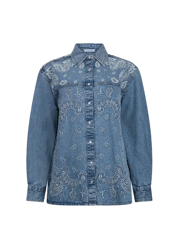 Regular Fit Long Sleeve Denim Shirt With Embroidery