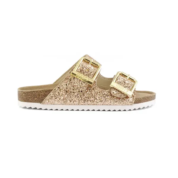 Glitter Double-Buckle Slides With Cork Sole
