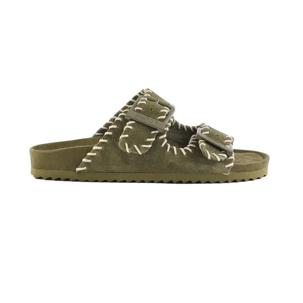 Suede-Effect Two-Strap Slide With Contrast Whipstitching