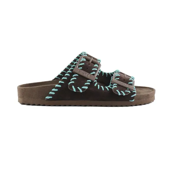 Suede-Effect Two-Strap Slide With Contrast Whipstitching