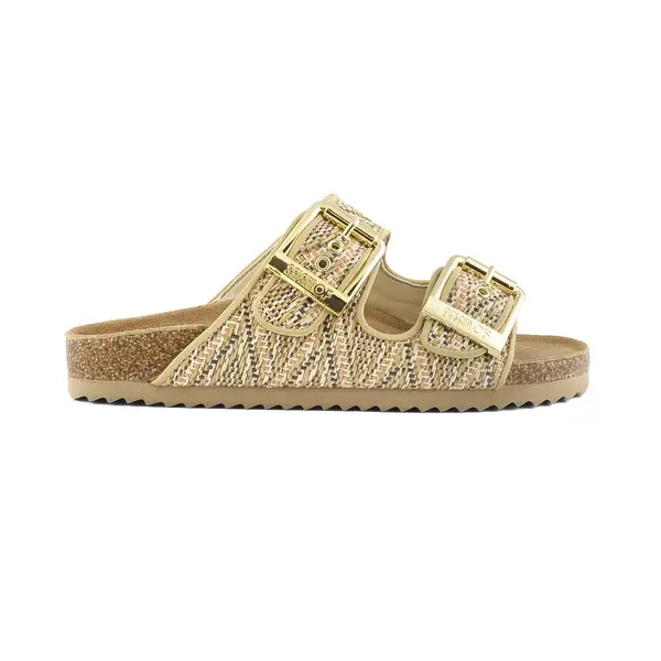 Raffia-Effect Double-Buckle Slide With Cork-Style Sole