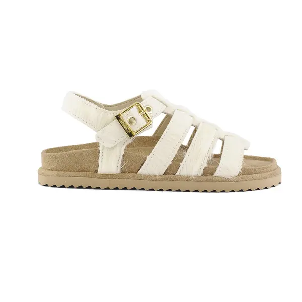 Pony-Effect Strappy Sandals With Back Strap and Gold Buckle