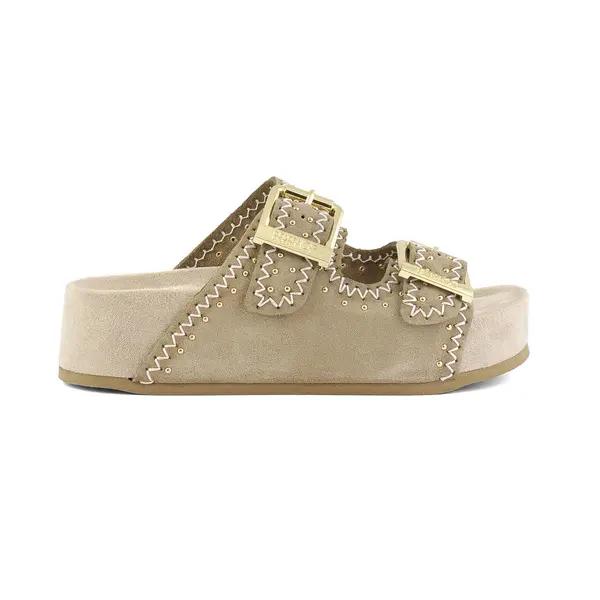 Platform Buckle Suede Slide with Studs and Whipstitching