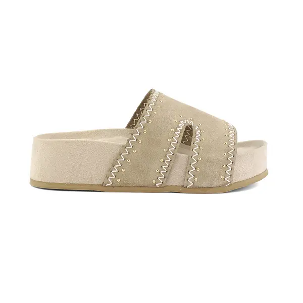 Studded Suede Slides with Whipstitch Trim