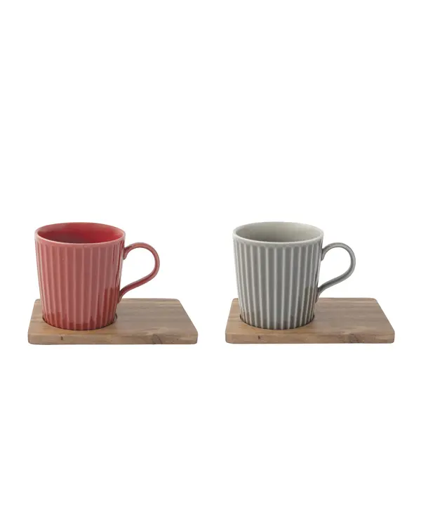 Set Of 2 Porcelain Mugs 380Ml With Acacia Saucers In Gift Box - Take A Break Image