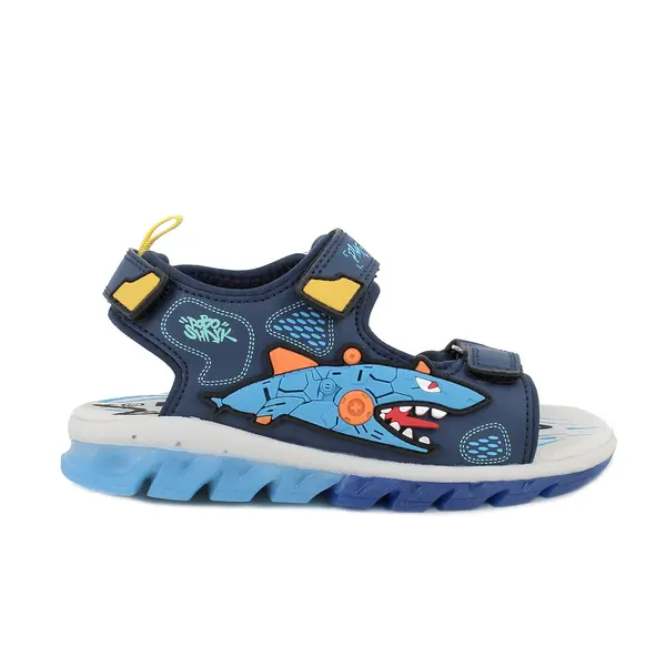 Kids Boys Blue Sport Sandals with Robo-Shark Graphic and Double Adjustable Straps Image